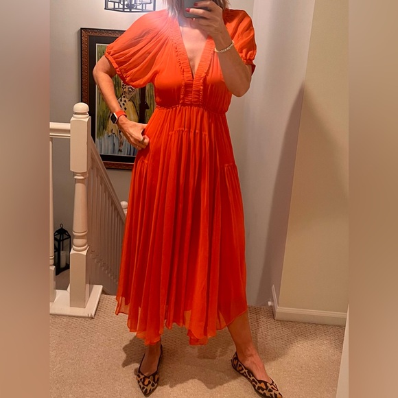 LA LINGE CONSTANCE CHIFFON ORANGE MIDI EASTER DRESS  SZ S CASUAL & FORMAL STYLE - Picture 3 of 15